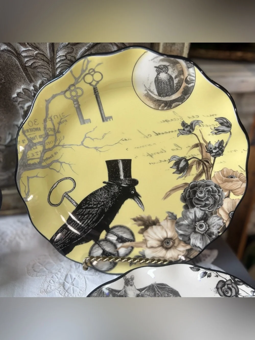 Potters studio ceramic Halloween lunch plate crow bat butterfly toad